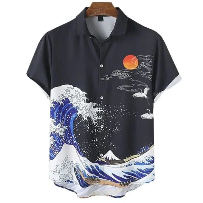 Men's Hawaiian Retro Waves Shirts 3D Printed Short Sleeves casual Lapel Beach Style Tops Fashion Versatile Style Clothing