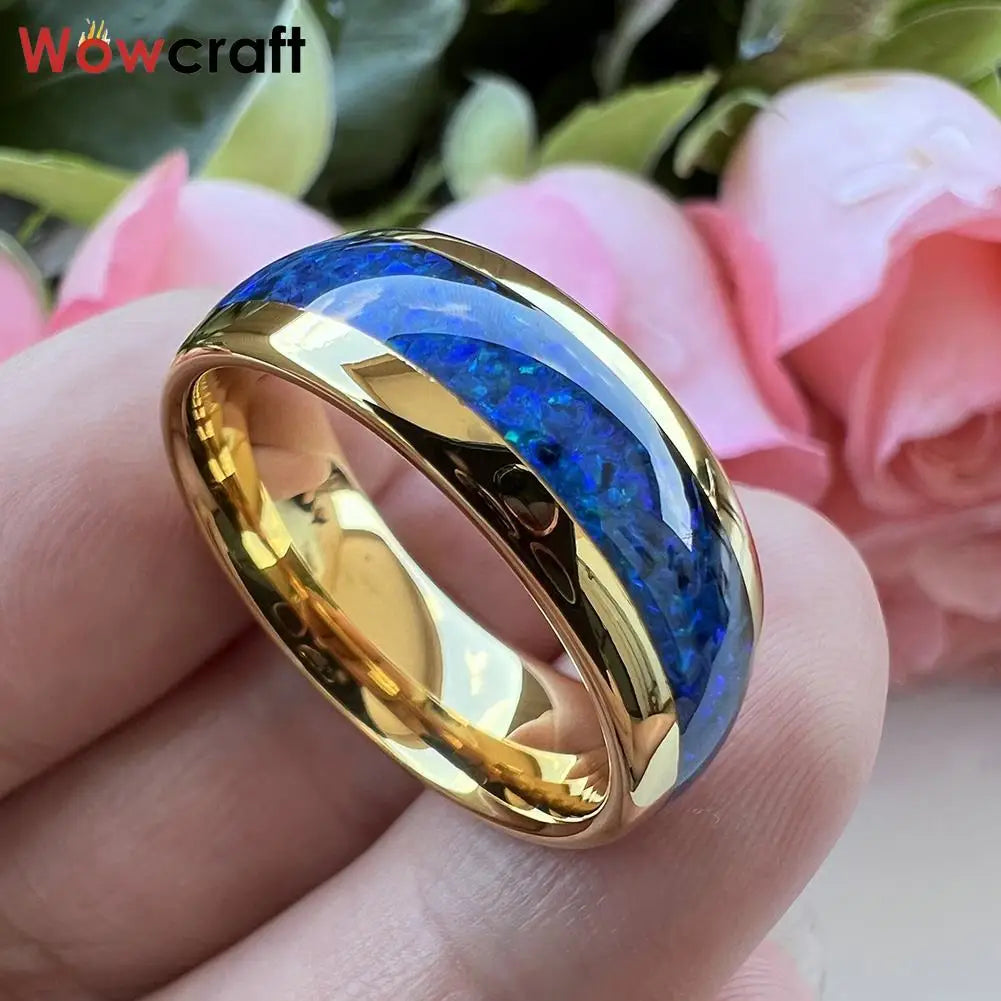 Tungsten Carbide ring for Men Women Fashion Engagement Wedding Band Blue Opal Inlay Comfort Fit