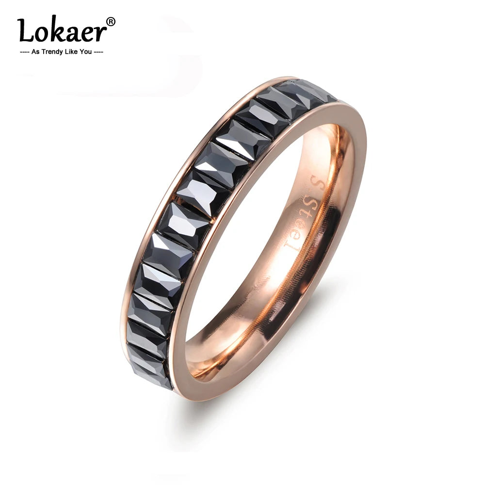 Lokaer Classic Stainless Steel Rings Inlay Black Rectangle Cubic Zircon Wedding Engagement Ring For Women Bridal Sets R17027
