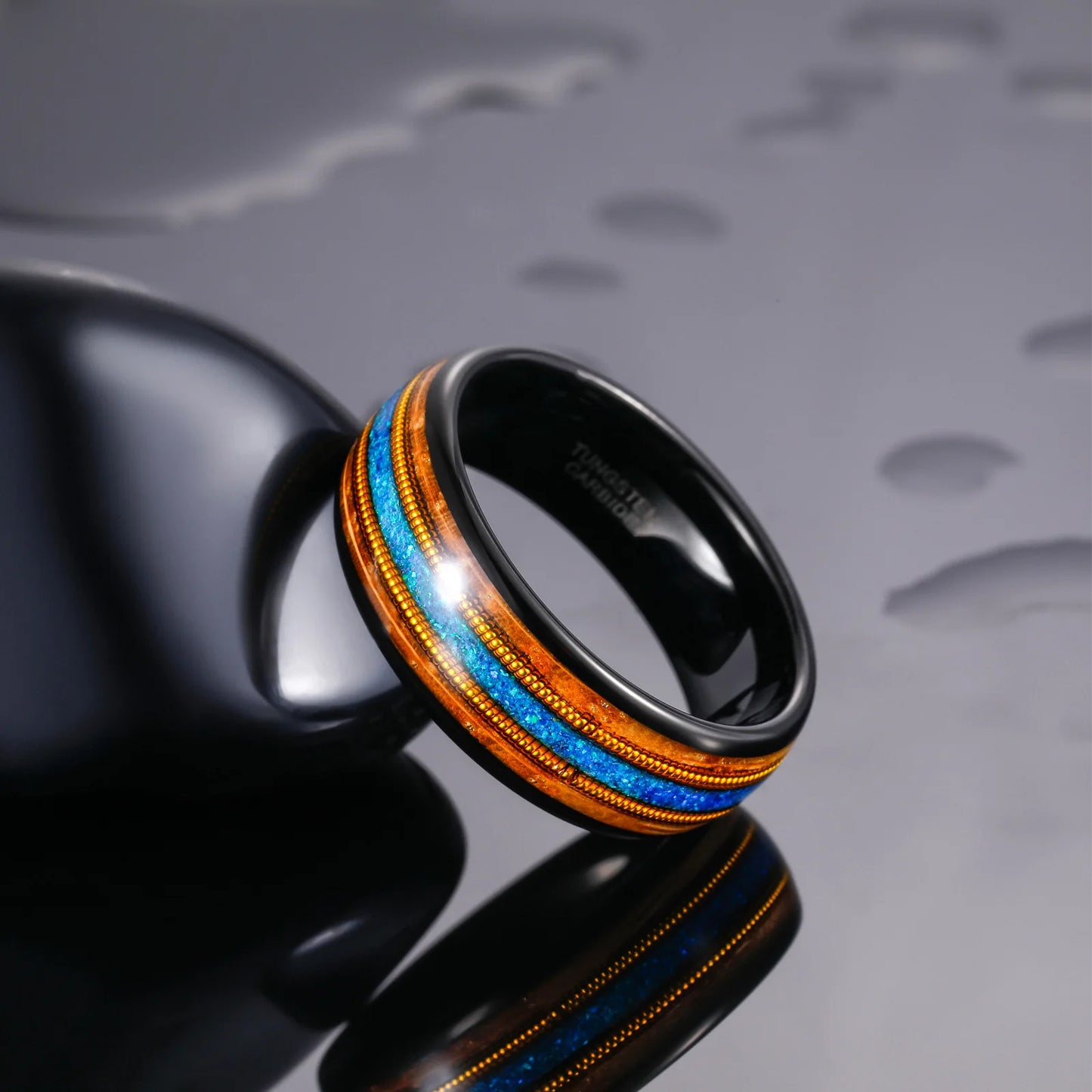New In Ring 8mm Width Tungsten Carbide Rings for Man Inlay Natural Whiskey Wood&Opal with Gold/Silver Guitar Strips Size 7-13