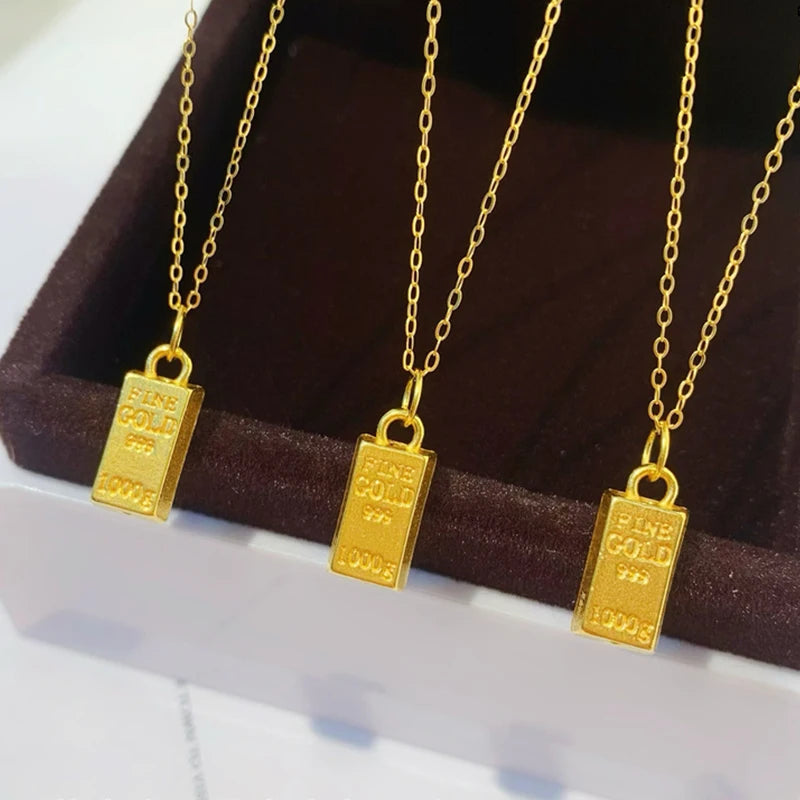 YUNLI Real 24K Pure 999 Gold Pendant Necklace Luxury Gold Bricks Design for Women Fine Jewelry Gift