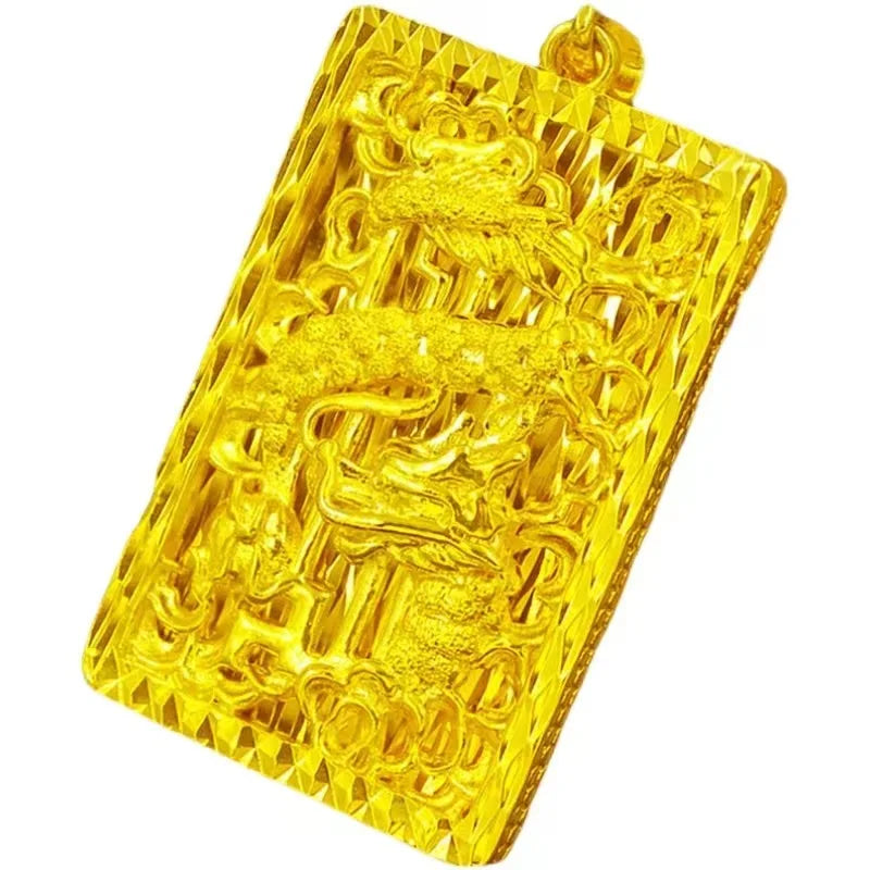 24K Real Gold 9999 Flying Dragon in Heaven Men's Necklace Thick Gold Flower Border Dragon Pendant Men's Gold Pendants Jewelry