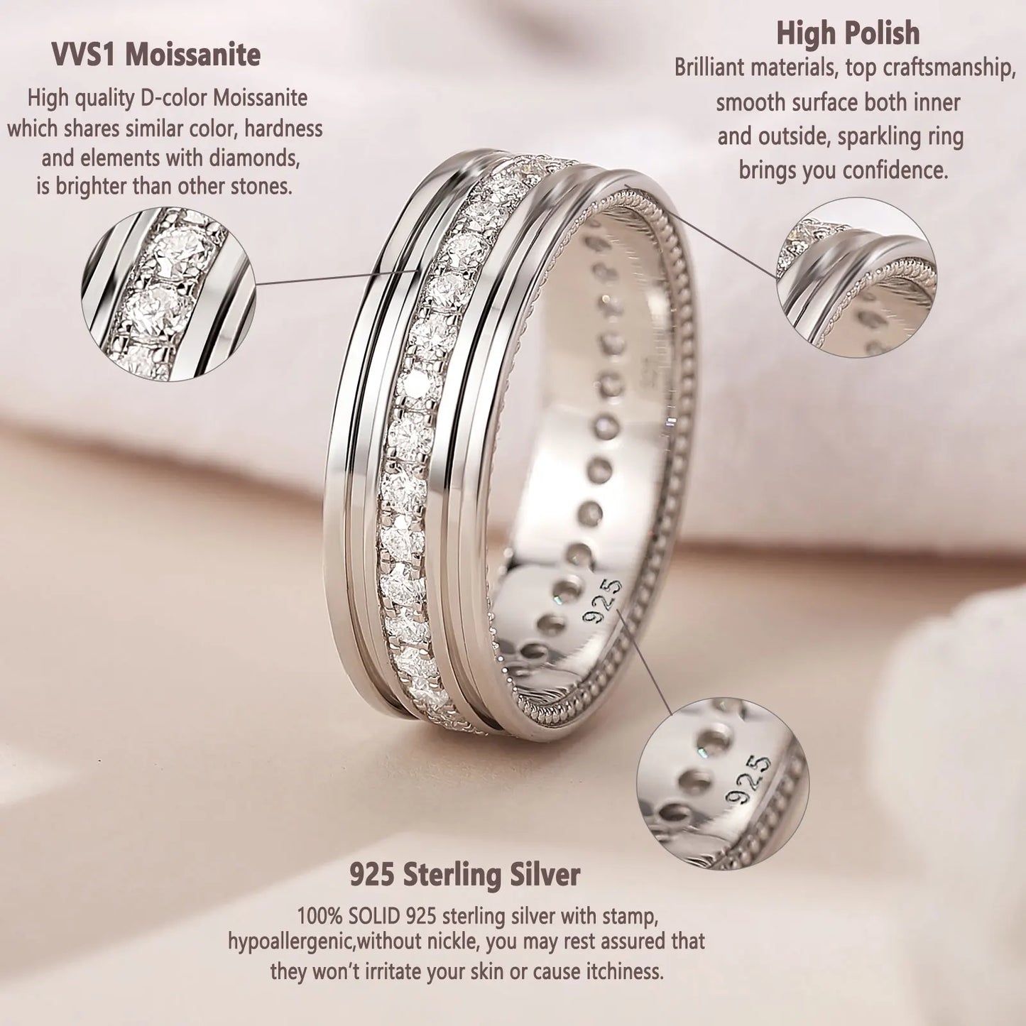 Newshe D Color Men’s Moissanite Wedding Bands 925 Sterling Silver Promise Rings for Him Eternity Round Cut Pave Setting Jewelry