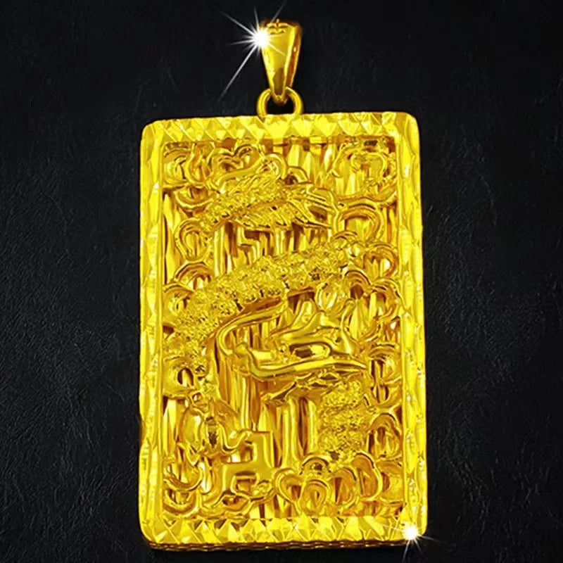 24K Real Gold 9999 Flying Dragon in Heaven Men's Necklace Thick Gold Flower Border Dragon Pendant Men's Gold Pendants Jewelry