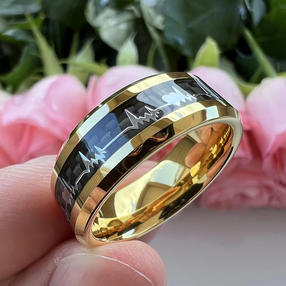 Fashion 8mm Black Carbon Fiber Heart Inlay Tungsten Carbide Engagement Rings Wedding Bands Domed Polished Shiny Comfort Fit