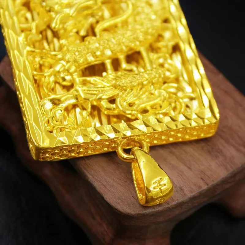 24K Real Gold 9999 Flying Dragon in Heaven Men's Necklace Thick Gold Flower Border Dragon Pendant Men's Gold Pendants Jewelry