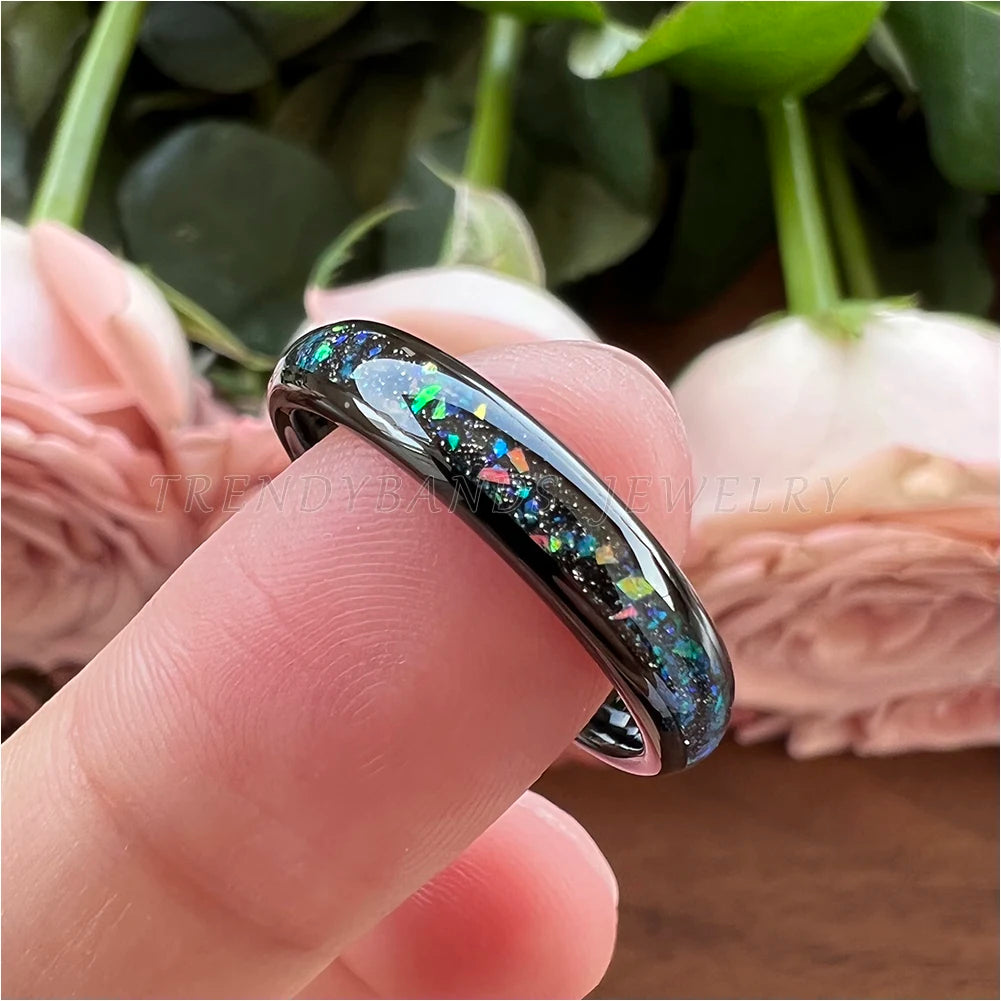 4mm Dropshipping Wholesale Black Tungsten Ring for Women Men Fashion Galaxy Opal Inlay Engagement Wedding Band
