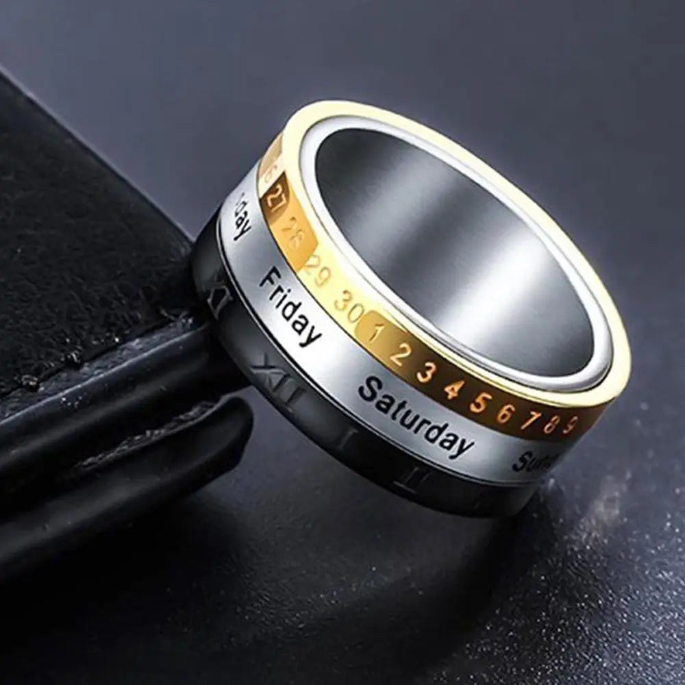 Gifts Male Spinner Cool Punk Titanium Steel Date Time Calendar Joint Ring Fashion Jewelry Finger Ring Men Ring