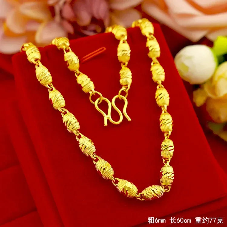 Men's 9999 24K Real Gold European and American Fashion Gold Jewelry Necklaces Embroidery Olive Solid Necklace for Men Women