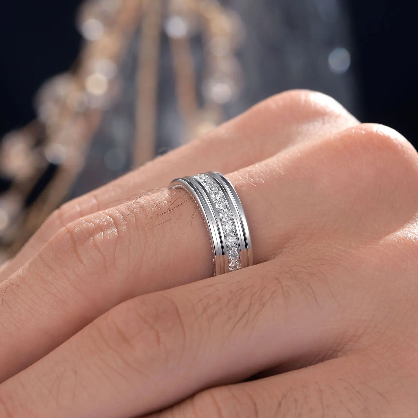 Newshe D Color Men’s Moissanite Wedding Bands 925 Sterling Silver Promise Rings for Him Eternity Round Cut Pave Setting Jewelry