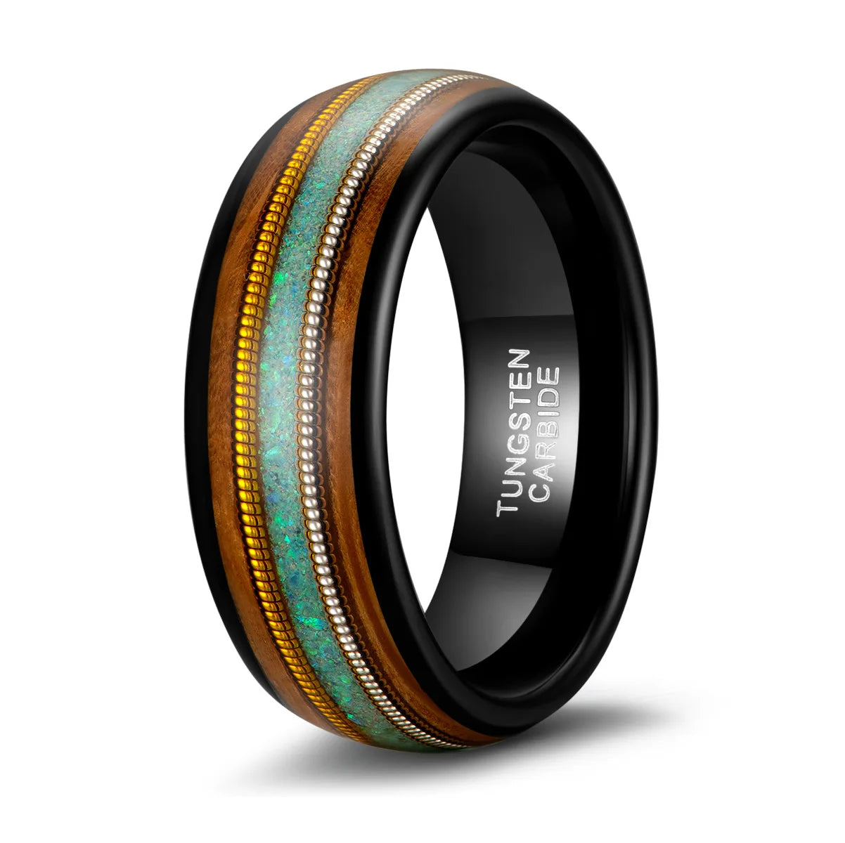 New In Ring 8mm Width Tungsten Carbide Rings for Man Inlay Natural Whiskey Wood&Opal with Gold/Silver Guitar Strips Size 7-13