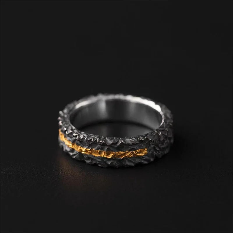 Vintage Gold Flame Design Black Collision Men Ring Open Size Personality 925 Ring Male Jewelry