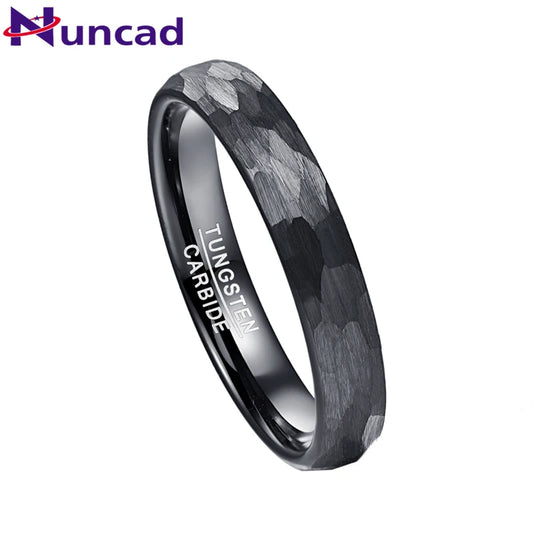 Black 4mm Tungsten Caebide Ring Wedding Band for Men Women Multi-Faceted Hammered Brushed Finish Comfort Fit AAA Quality