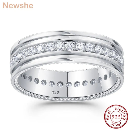 Newshe D Color Men’s Moissanite Wedding Bands 925 Sterling Silver Promise Rings for Him Eternity Round Cut Pave Setting Jewelry