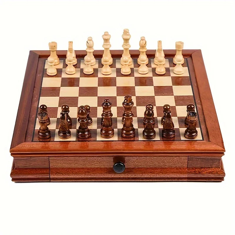 31CM / 12.2" High Quality Solid Wood Chess Large Drawer Storage Chess Board Retro Wooden Chess Pieces Nice Gift Decoration