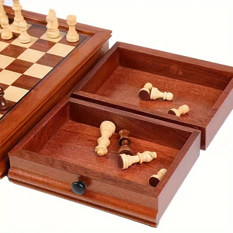 31CM / 12.2" High Quality Solid Wood Chess Large Drawer Storage Chess Board Retro Wooden Chess Pieces Nice Gift Decoration