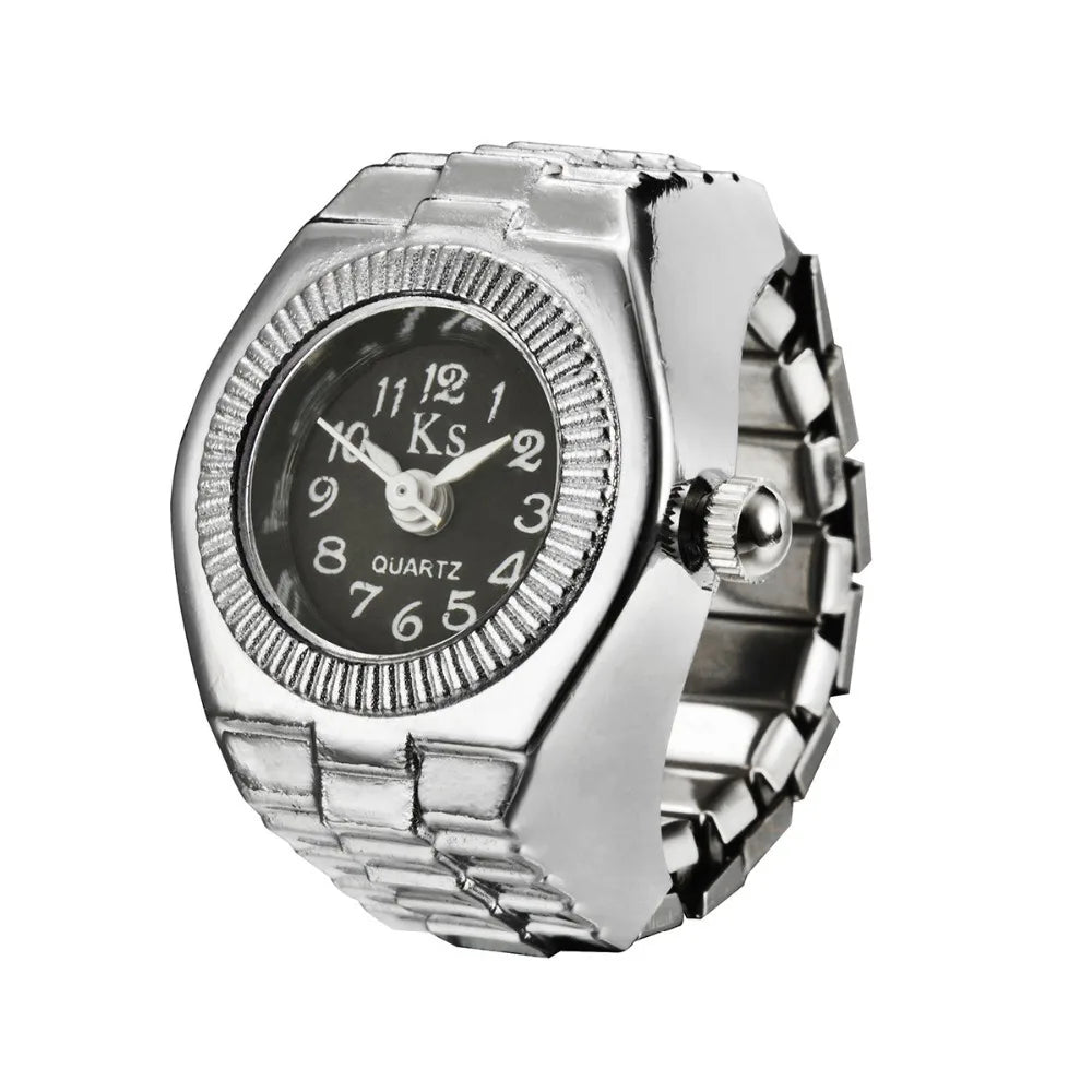 Vintage Punk Finger Watch Mini Elastic Strap Alloy Watches Couple Rings Jewelry Clock Women Men Retro Roman Quartz Watch Rings