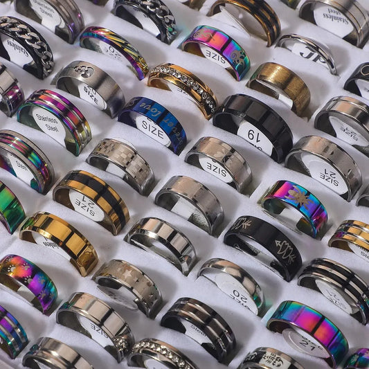 Chain Stainless Steel Couple Rings Punk Hip-Hop Water Diamond Inlay Mixed Styles Rings Trend Finger Accessories Jewelry 10Pcs