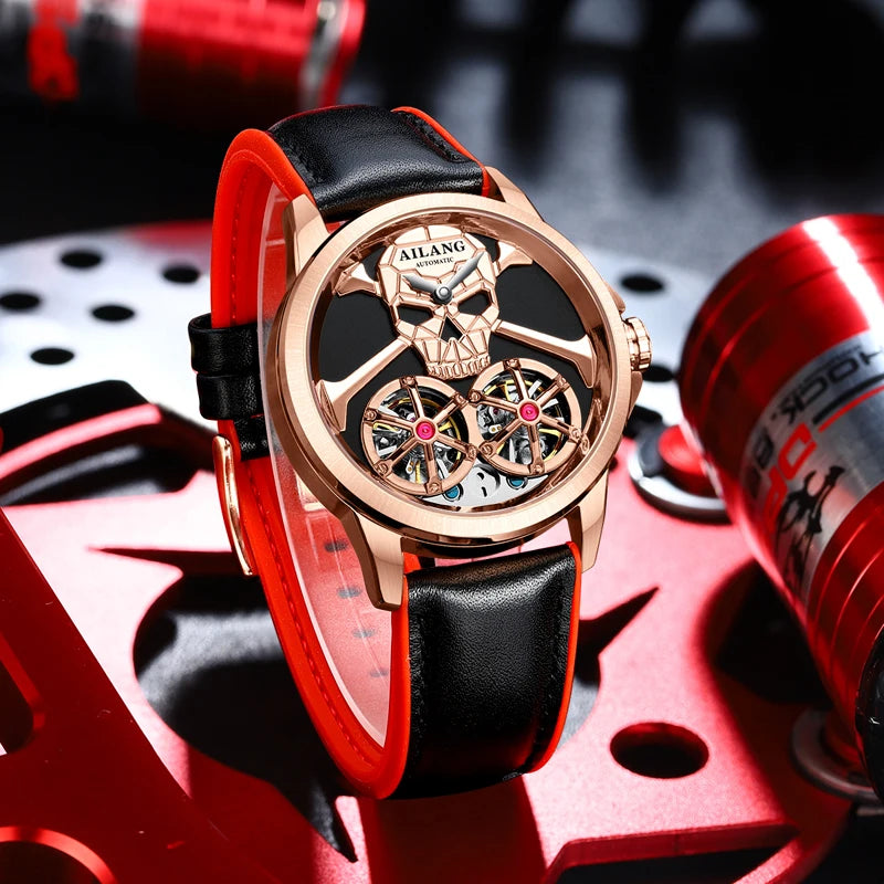 Punk Steam Skull Two Tourbillon Design Man Watch Hollow Automatic Mechanical Waterproof Men's Automatic Wristwatch For Men