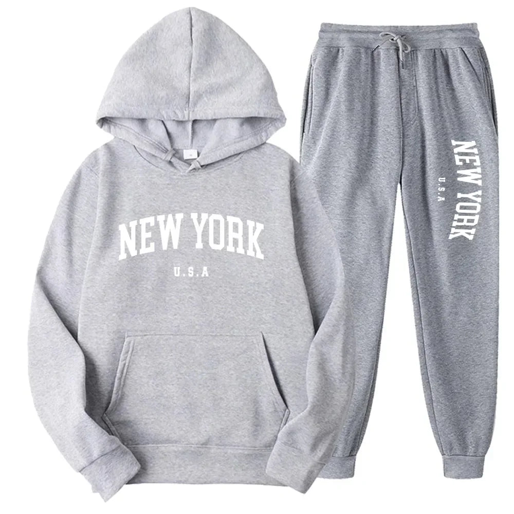 New York Print Hoodies Casual American Style Hoodie Set Mens Autumn Long Sleeves Hooded Loose Pullover Street Sweatshirt