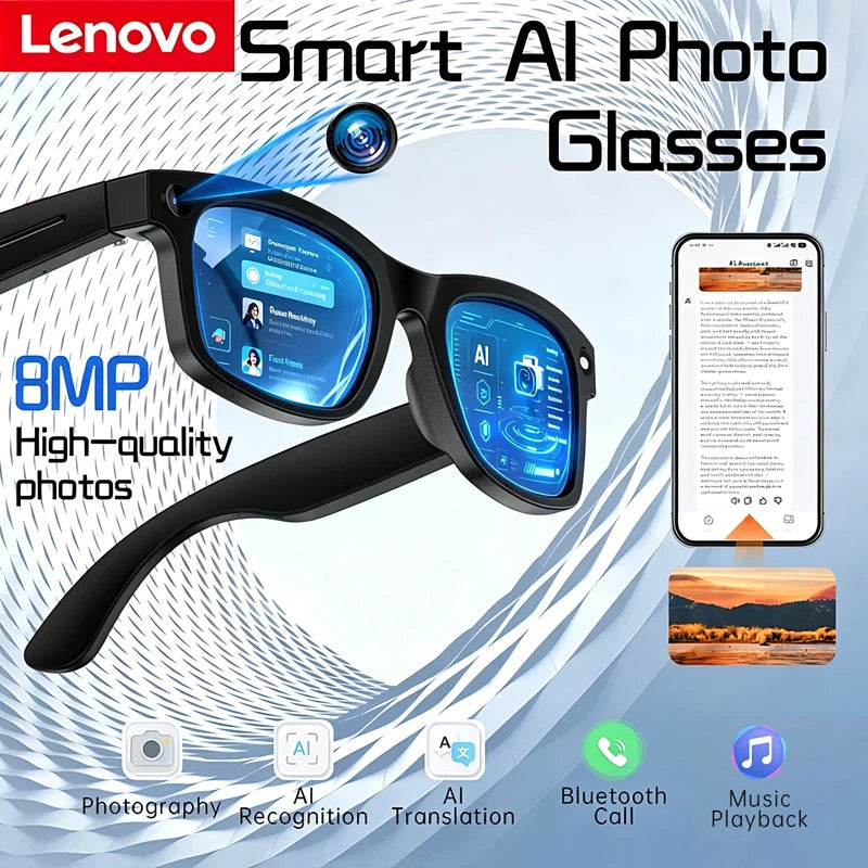 Lenovo Smart Glasses AI Translation 8MP HD Camera 4K Shooting Image Bluetooth Call Recording Music Smart Sunglasses