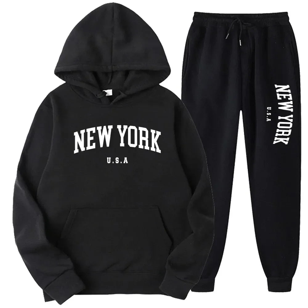 New York Print Hoodies Casual American Style Hoodie Set Mens Autumn Long Sleeves Hooded Loose Pullover Street Sweatshirt