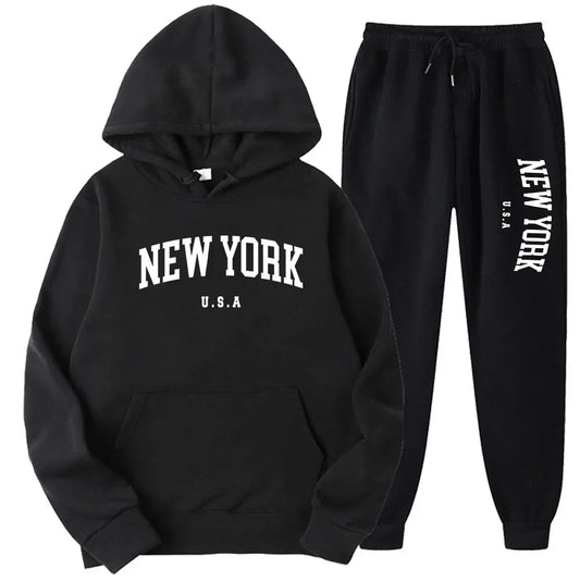 New York Print Hoodies Casual American Style Hoodie Set Mens Autumn Long Sleeves Hooded Loose Pullover Street Sweatshirt