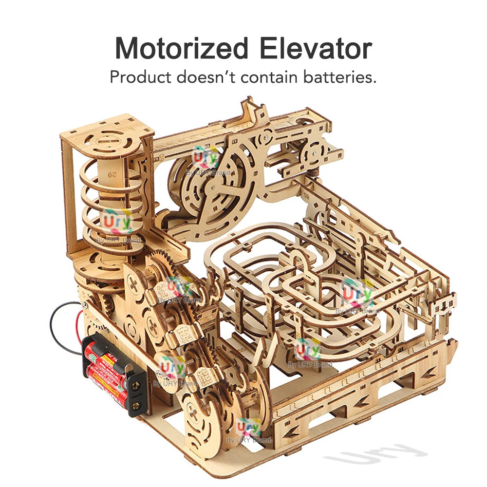 Ury 3D Wooden Puzzles Electric Catapult Track Device Marble Run Set Mechanical Model Science Maze 7 Balls Assembly Gift for Kids