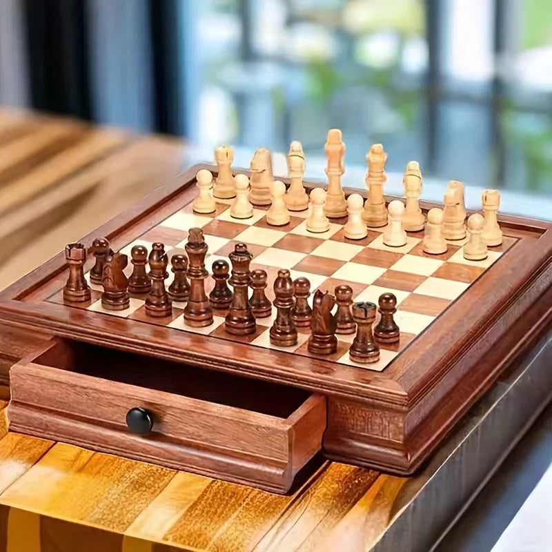 31CM / 12.2" High Quality Solid Wood Chess Large Drawer Storage Chess Board Retro Wooden Chess Pieces Nice Gift Decoration