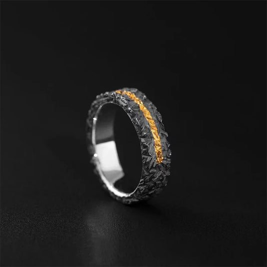 Vintage Gold Flame Design Black Collision Men Ring Open Size Personality 925 Ring Male Jewelry