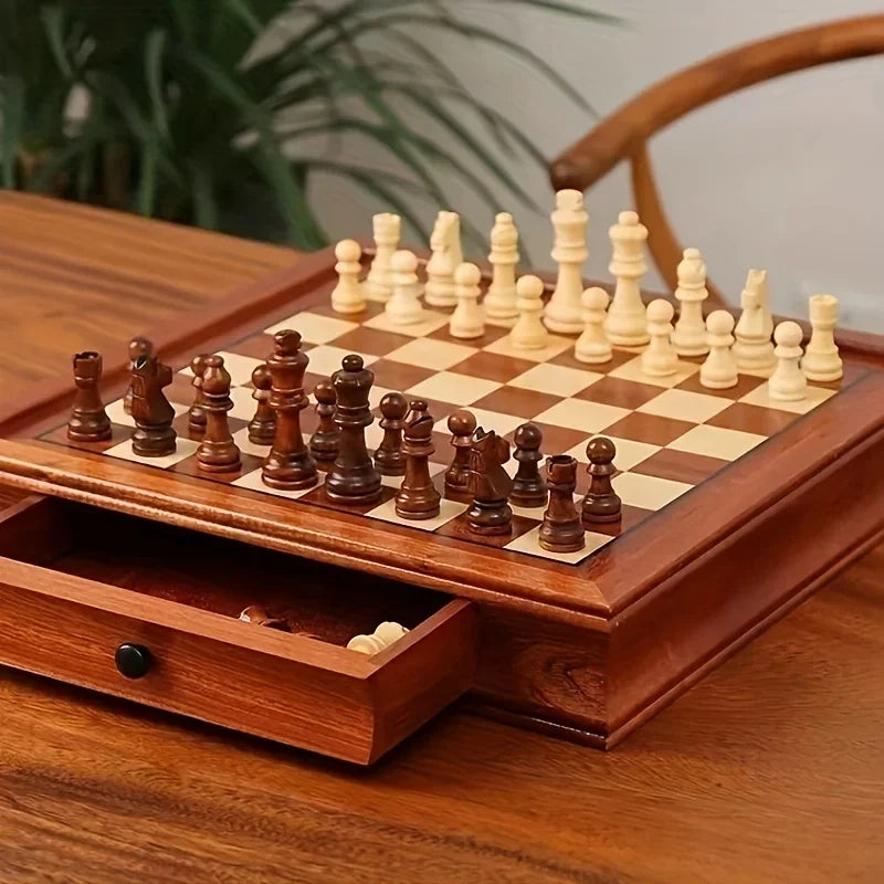 31CM / 12.2" High Quality Solid Wood Chess Large Drawer Storage Chess Board Retro Wooden Chess Pieces Nice Gift Decoration