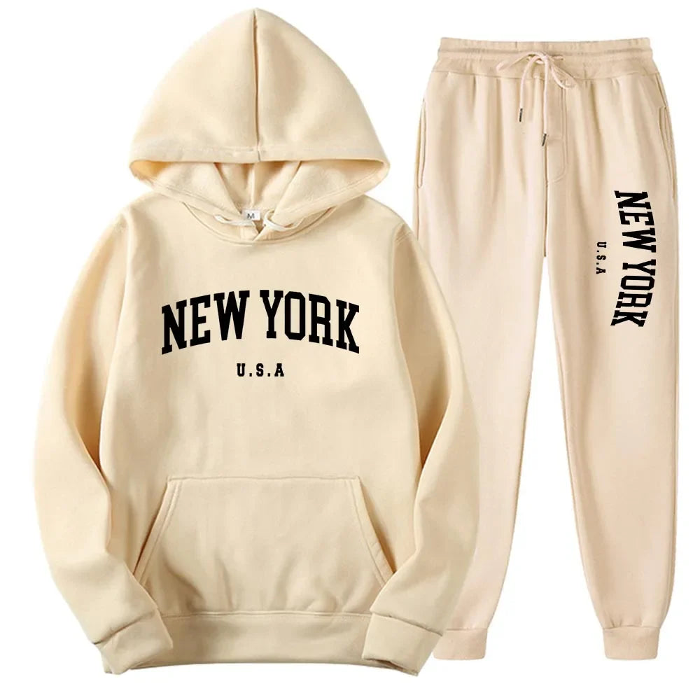 New York Print Hoodies Casual American Style Hoodie Set Mens Autumn Long Sleeves Hooded Loose Pullover Street Sweatshirt