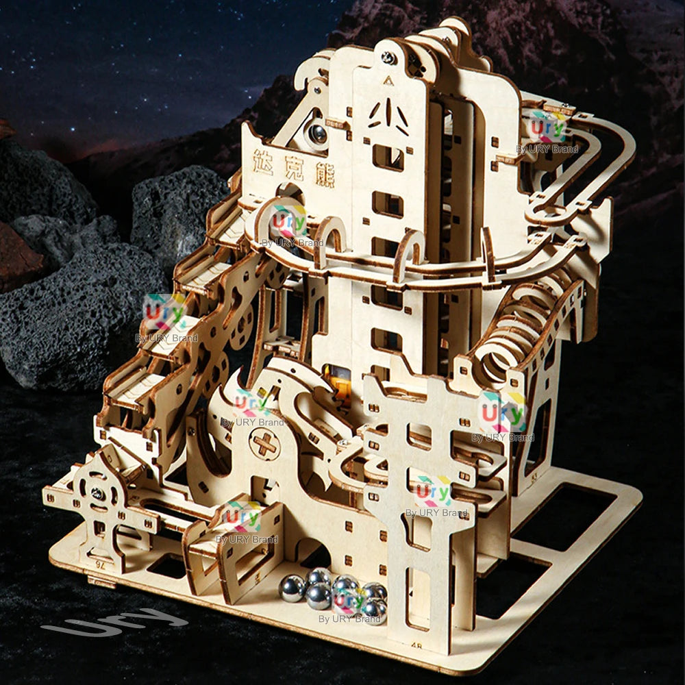 Ury 3D Wooden Puzzles Electric Catapult Track Device Marble Run Set Mechanical Model Science Maze 7 Balls Assembly Gift for Kids