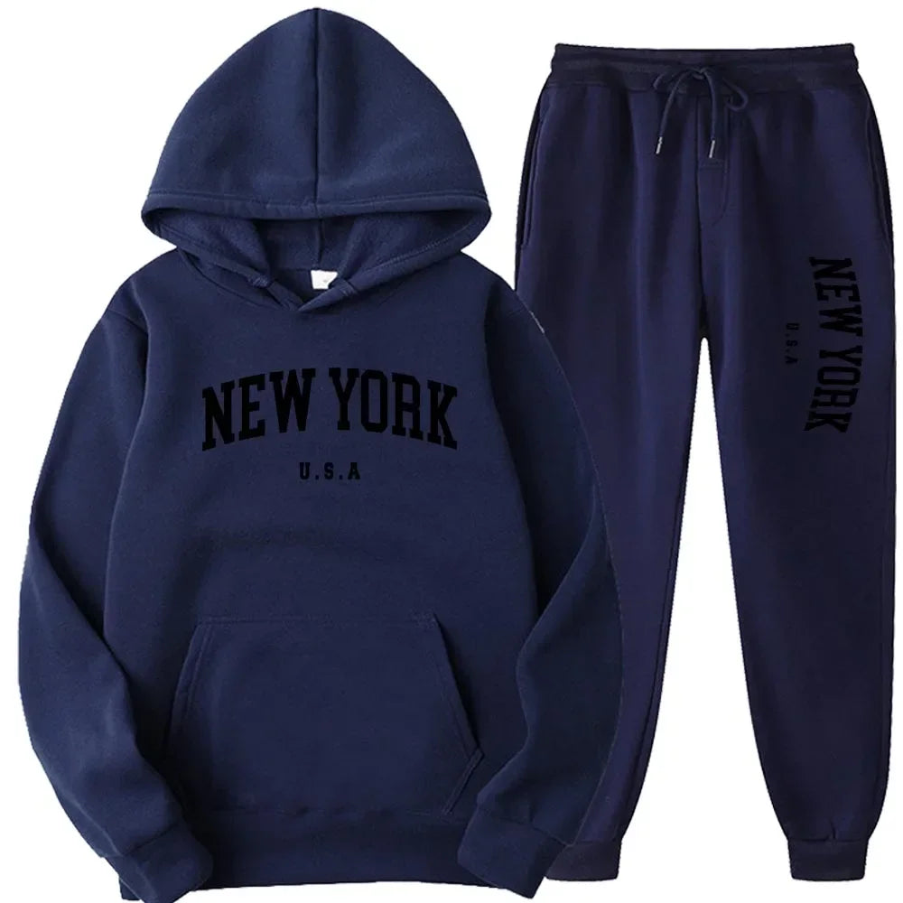 New York Print Hoodies Casual American Style Hoodie Set Mens Autumn Long Sleeves Hooded Loose Pullover Street Sweatshirt