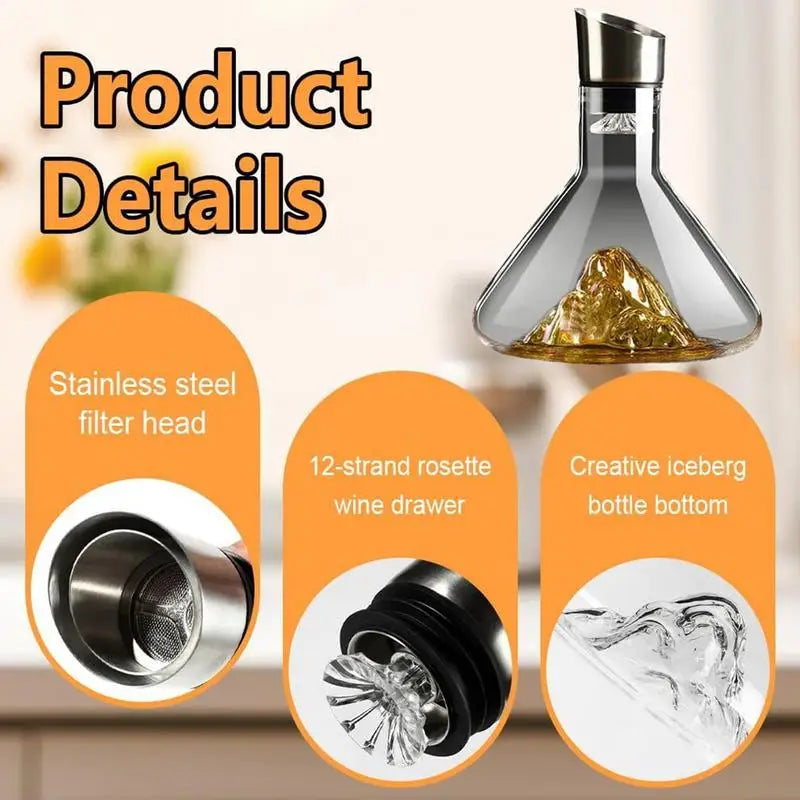 Wine Decanter 1500ml Crystal Glass Wine Carafe Bottle with Built-in-Dispenser Wine Hand-Held Aerator for White and Red Wine