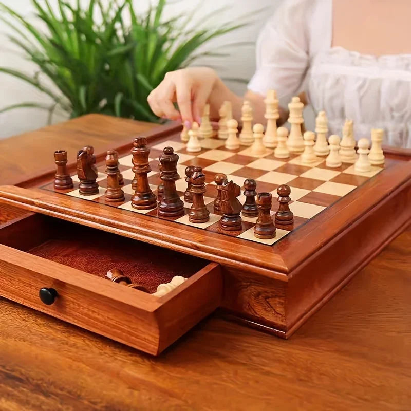 31CM / 12.2" High Quality Solid Wood Chess Large Drawer Storage Chess Board Retro Wooden Chess Pieces Nice Gift Decoration