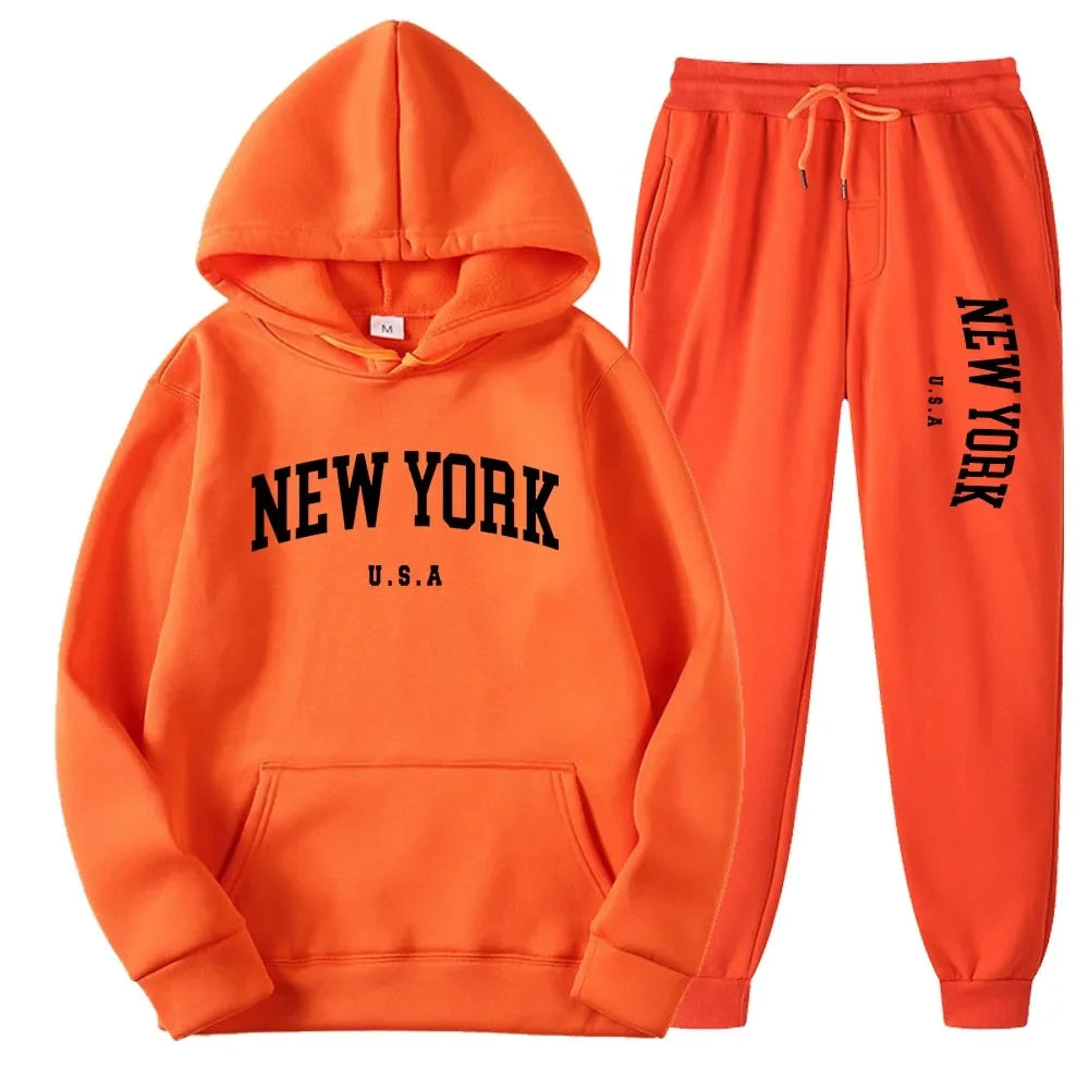 New York Print Hoodies Casual American Style Hoodie Set Mens Autumn Long Sleeves Hooded Loose Pullover Street Sweatshirt