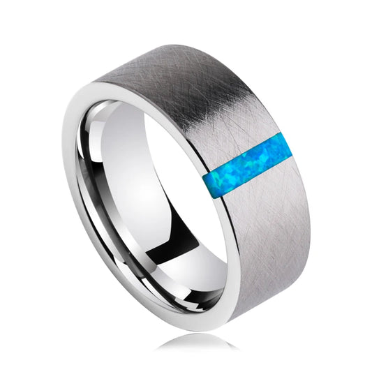 Luxury 8mm Width Silver Color Tungsten Wedding Large Ring for Man Flat Top Matte Finishing Inlay Opal Size 7-12 Comfort Fit