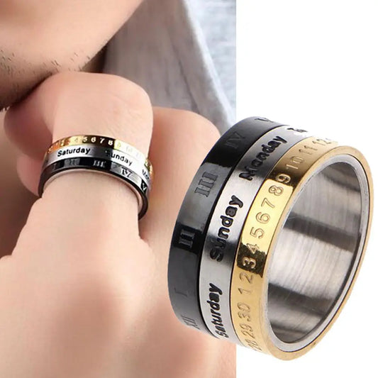 Gifts Male Spinner Cool Punk Titanium Steel Date Time Calendar Joint Ring Fashion Jewelry Finger Ring Men Ring