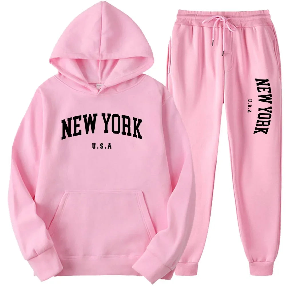 New York Print Hoodies Casual American Style Hoodie Set Mens Autumn Long Sleeves Hooded Loose Pullover Street Sweatshirt