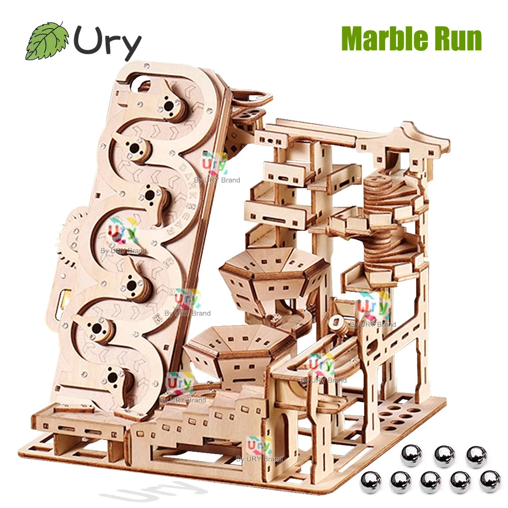 Ury 3D Wooden Puzzle Electric Track Device Marble Run Set Counter Current Compass Model Science Ball Maze Assembly Gift for Kids