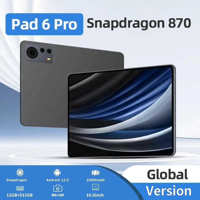 2024 HD 4K Screen Global Tablet Snapdragon 870 Android 12GB 512GB 120hz Tablette PC 5G Dual SIM Card WIFI Phone Call Pad 6 Pro